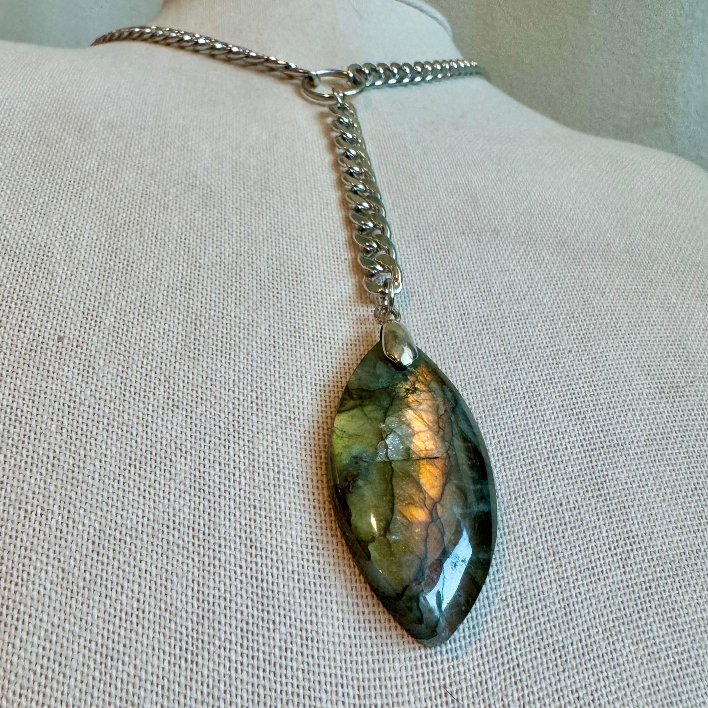 Labradorite Silver Lariat Necklace