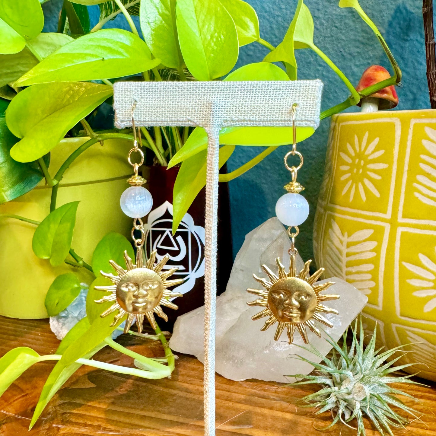 Selenite Brass Sun Earrings