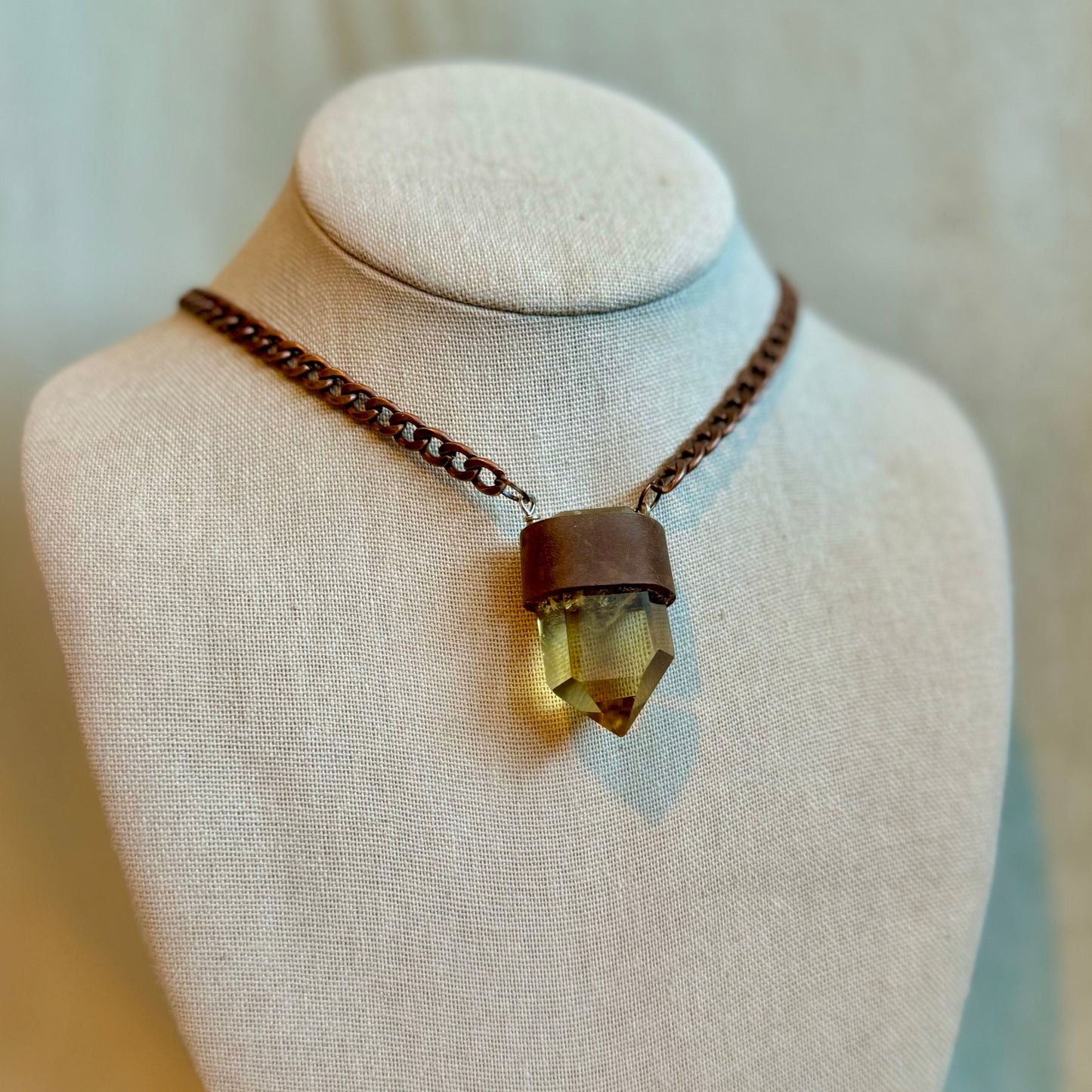 Citrine Antiqued Copper Leather Necklace