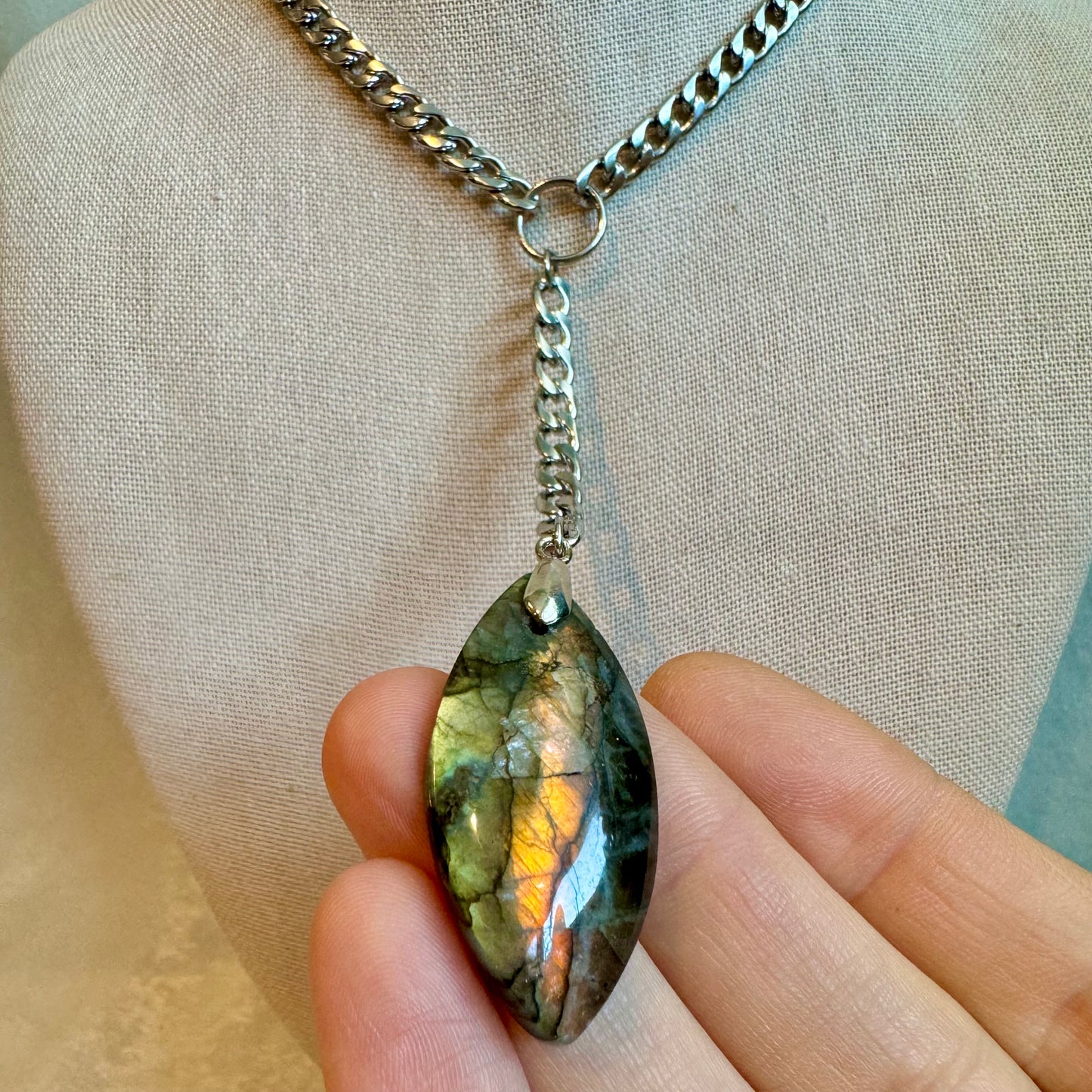 Labradorite Silver Lariat Necklace