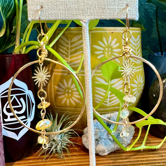 Citrine Sunburst Gold Hoops