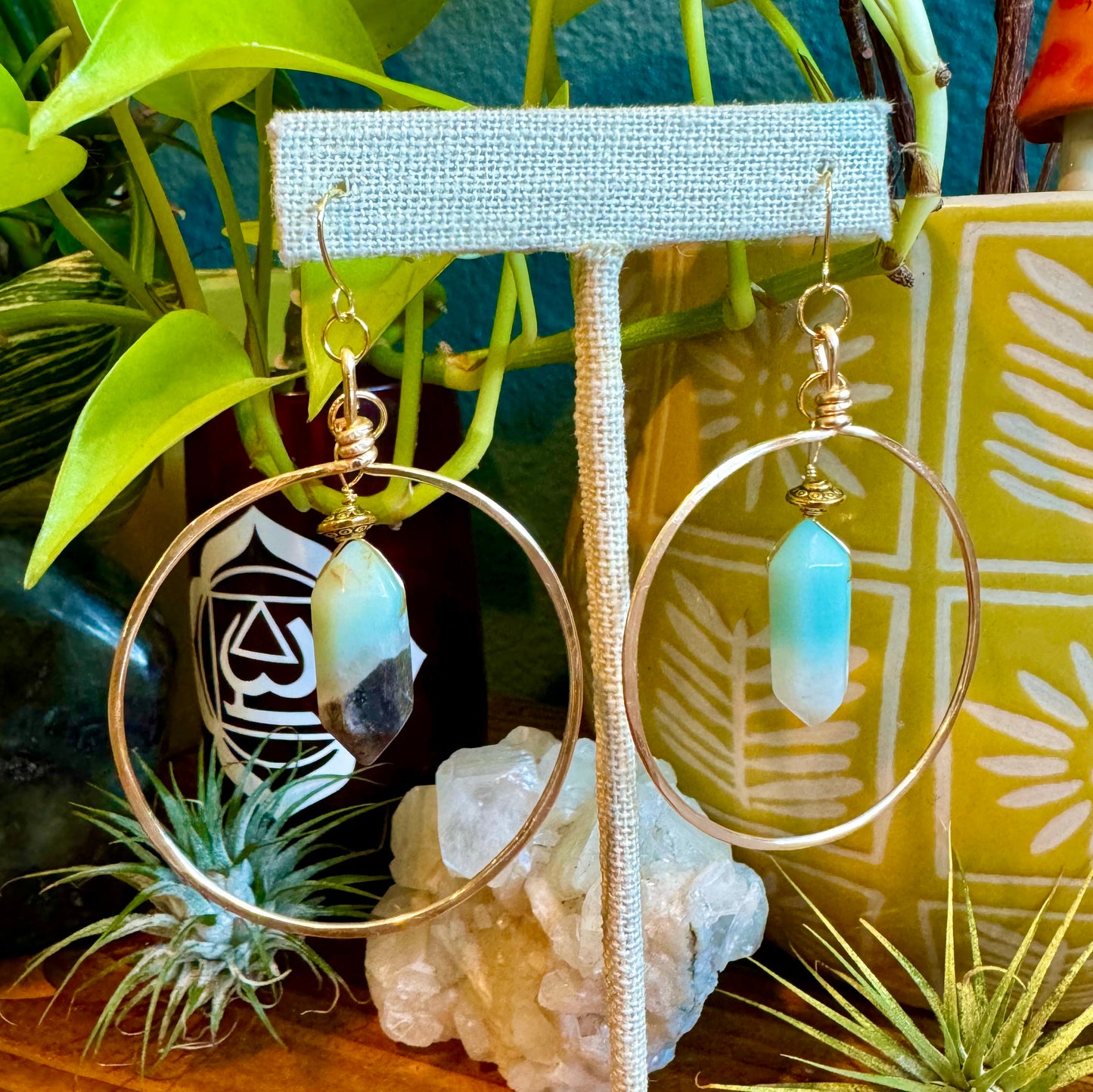 Amazonite Brass Hoops