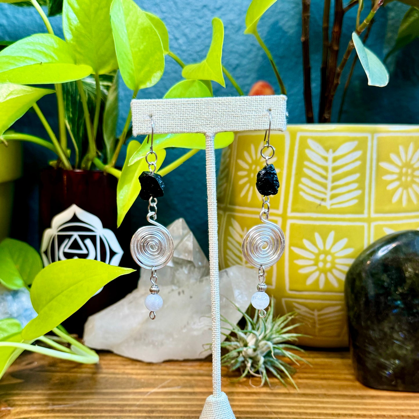 Black Tourmaline Moonstone Spiral Dangles