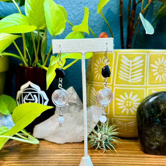 Black Tourmaline Moonstone Spiral Dangles