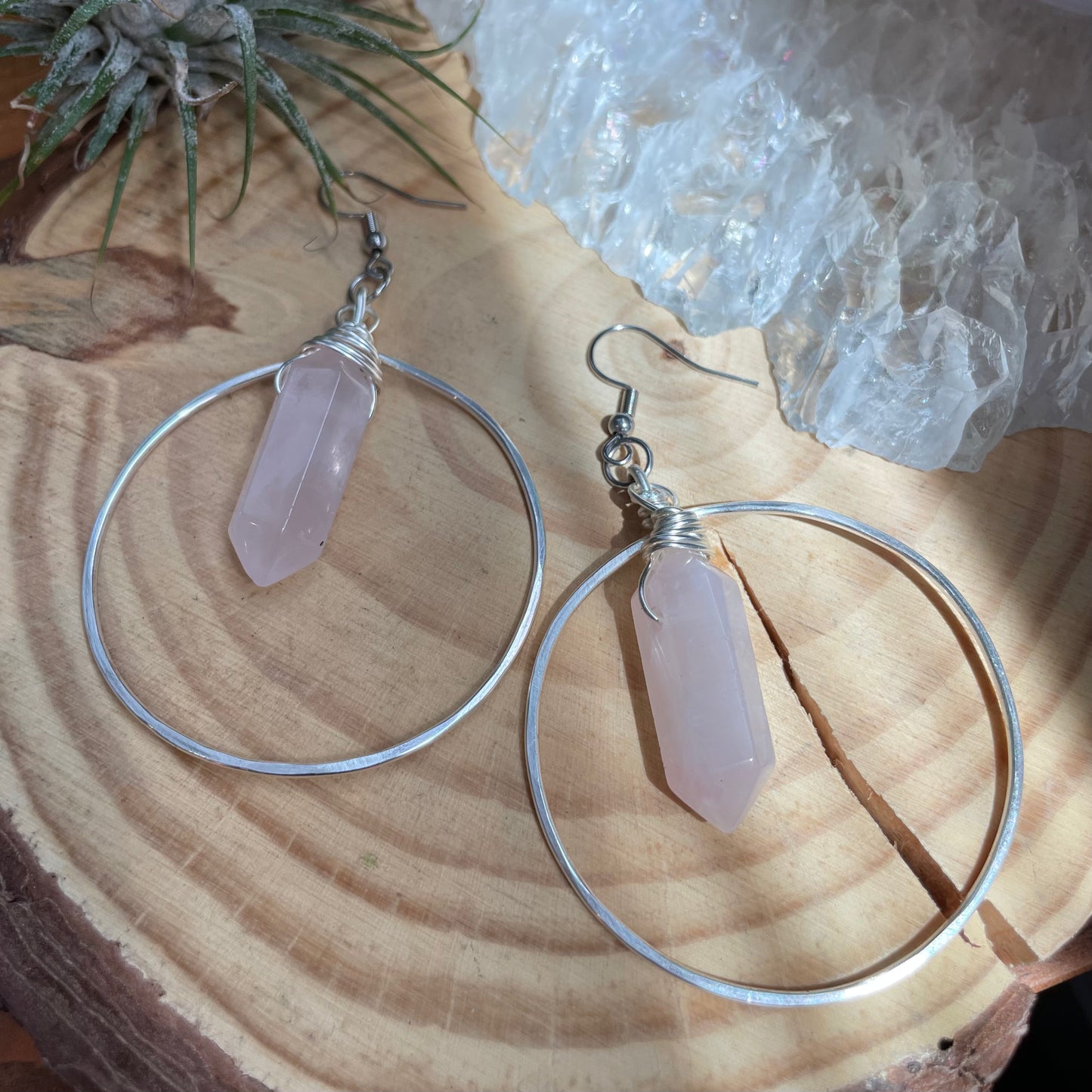 Rose Quartz Silver Hoops