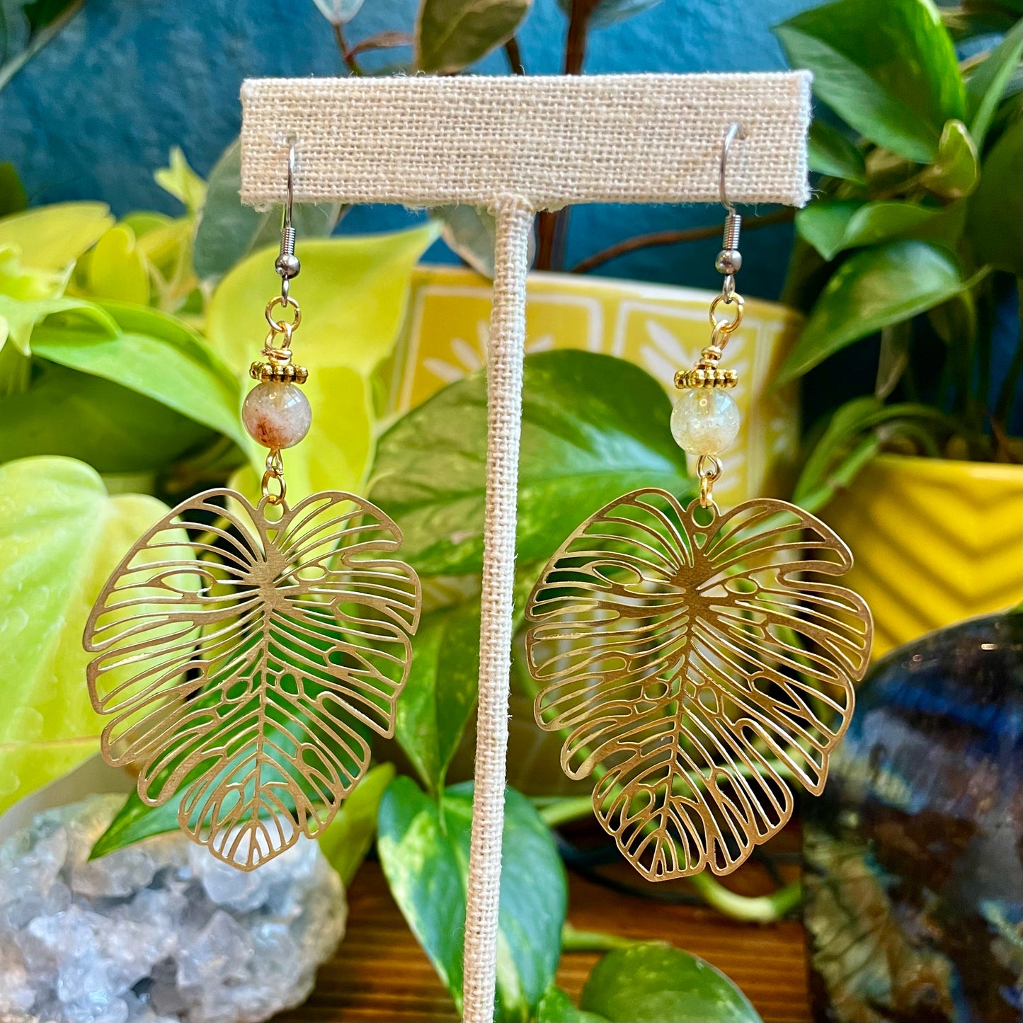 Citrine Monstera Brass Earrings