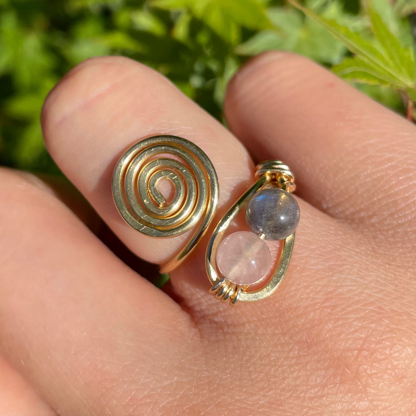 Labradorite x Rose Quartz Spiral Adjustable Ring