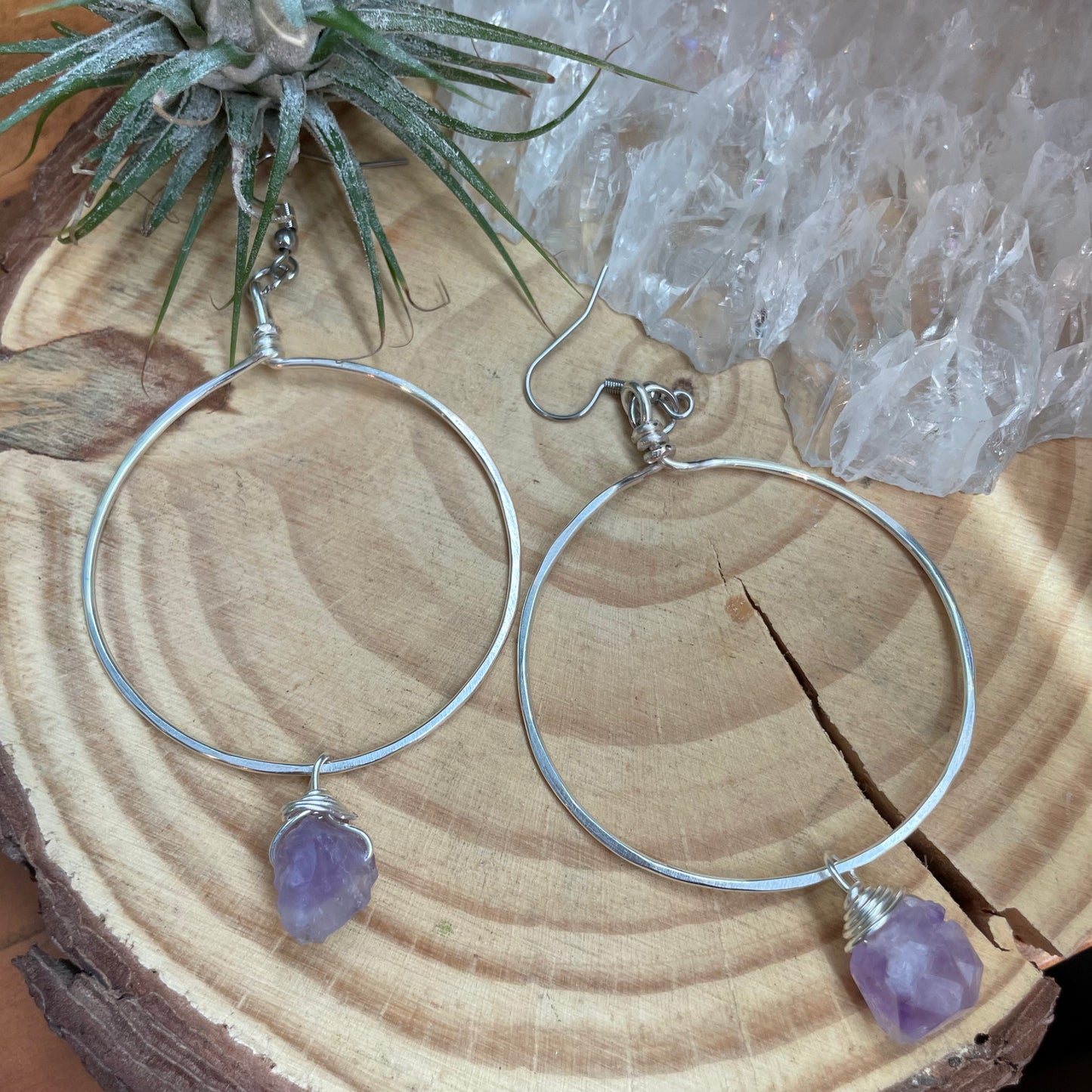Amethyst Silver Hoops