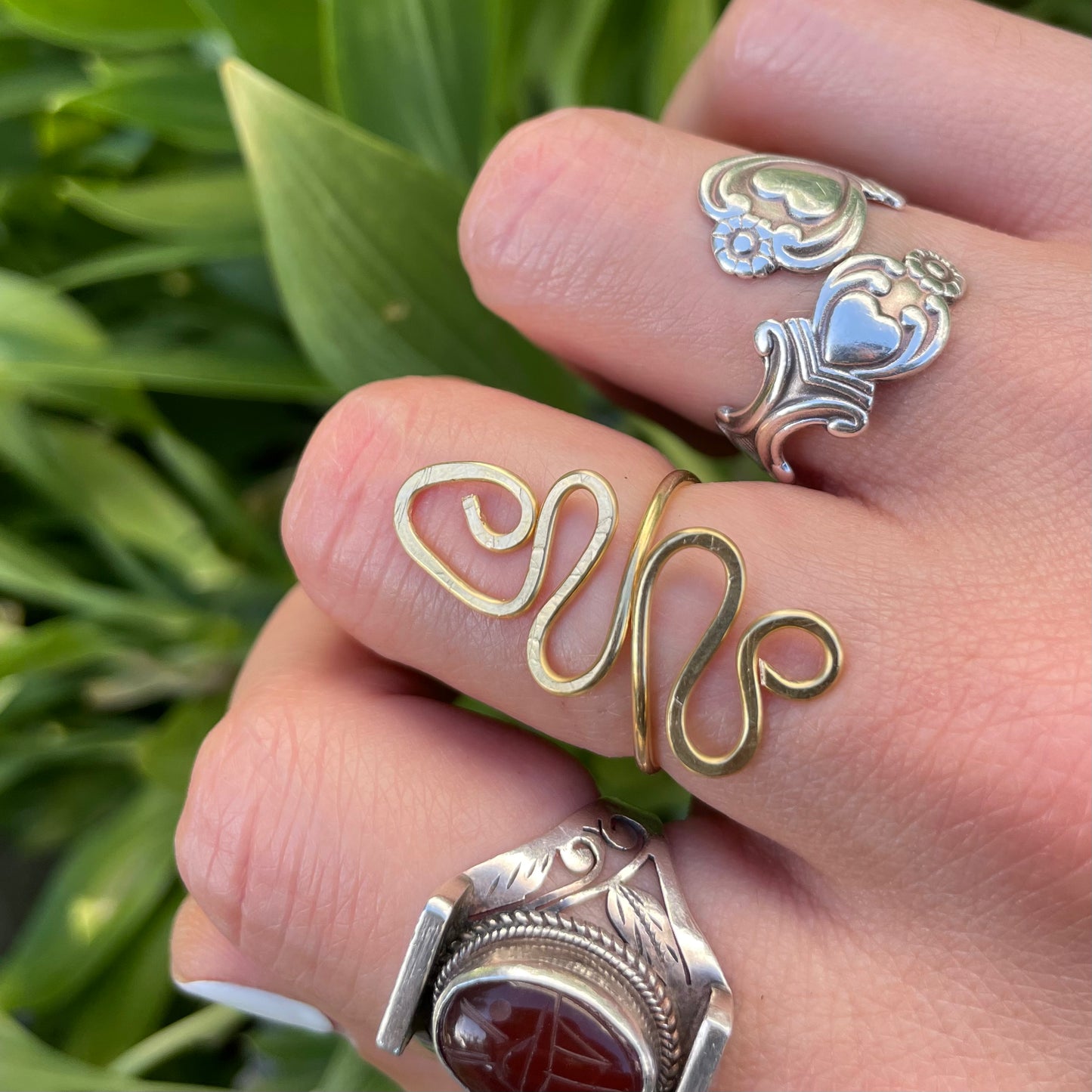 Abstract Snake Adjustable Brass Ring in