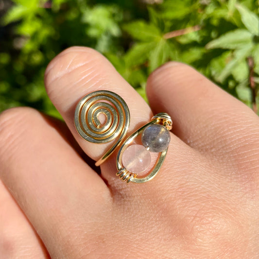 Labradorite x Rose Quartz Spiral Adjustable Ring