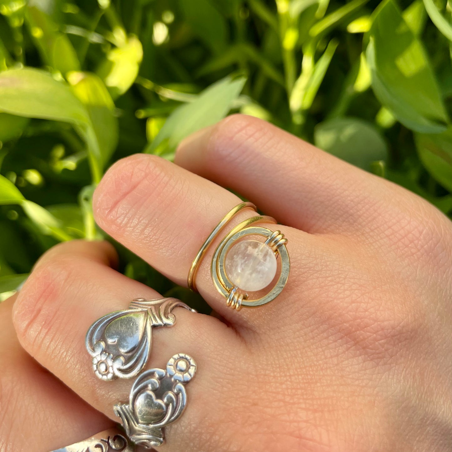 Moonstone Adjustable Brass Ring