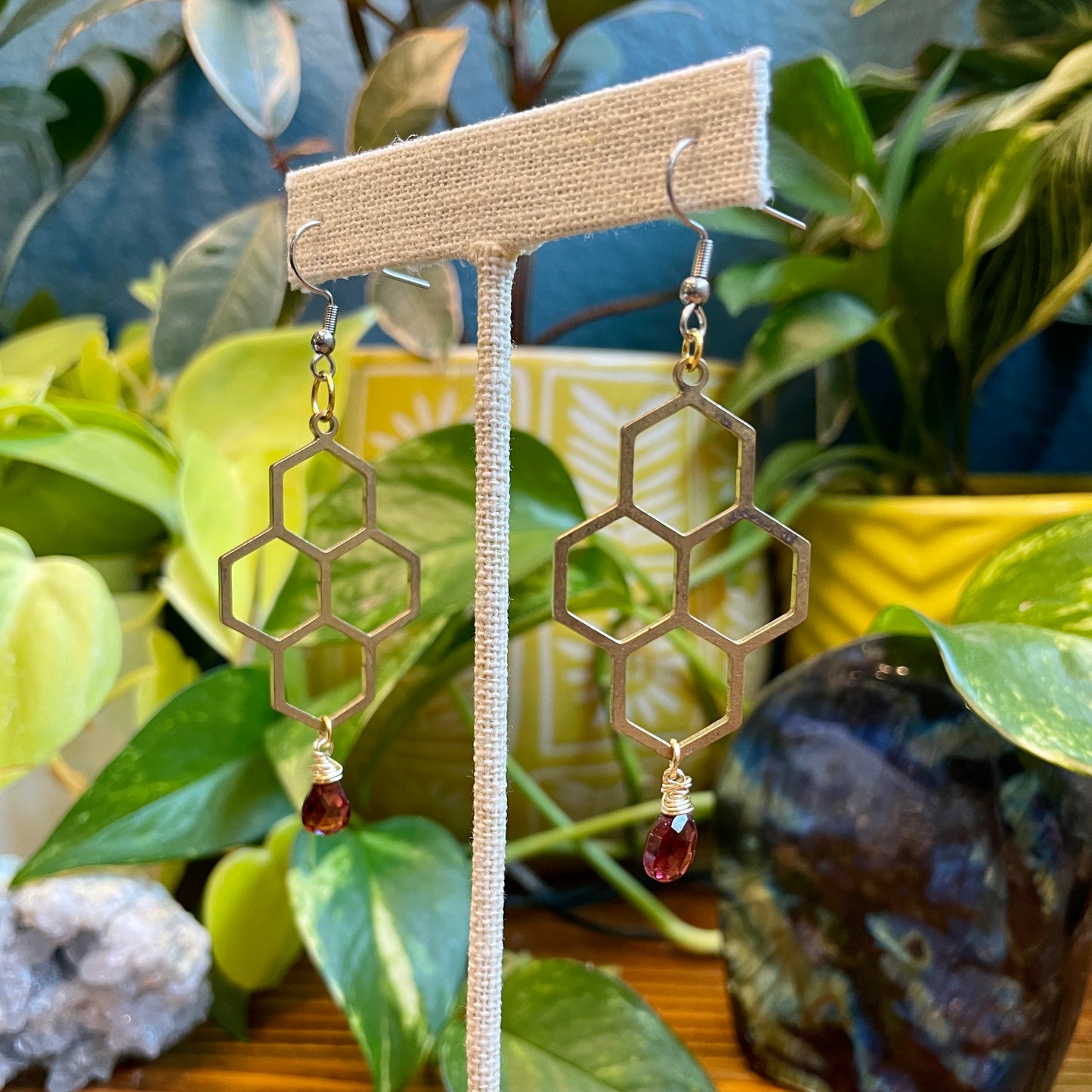 Garnet Honeycomb Brass Earrings