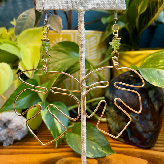 Peridot Monstera Brass Statement Earrings