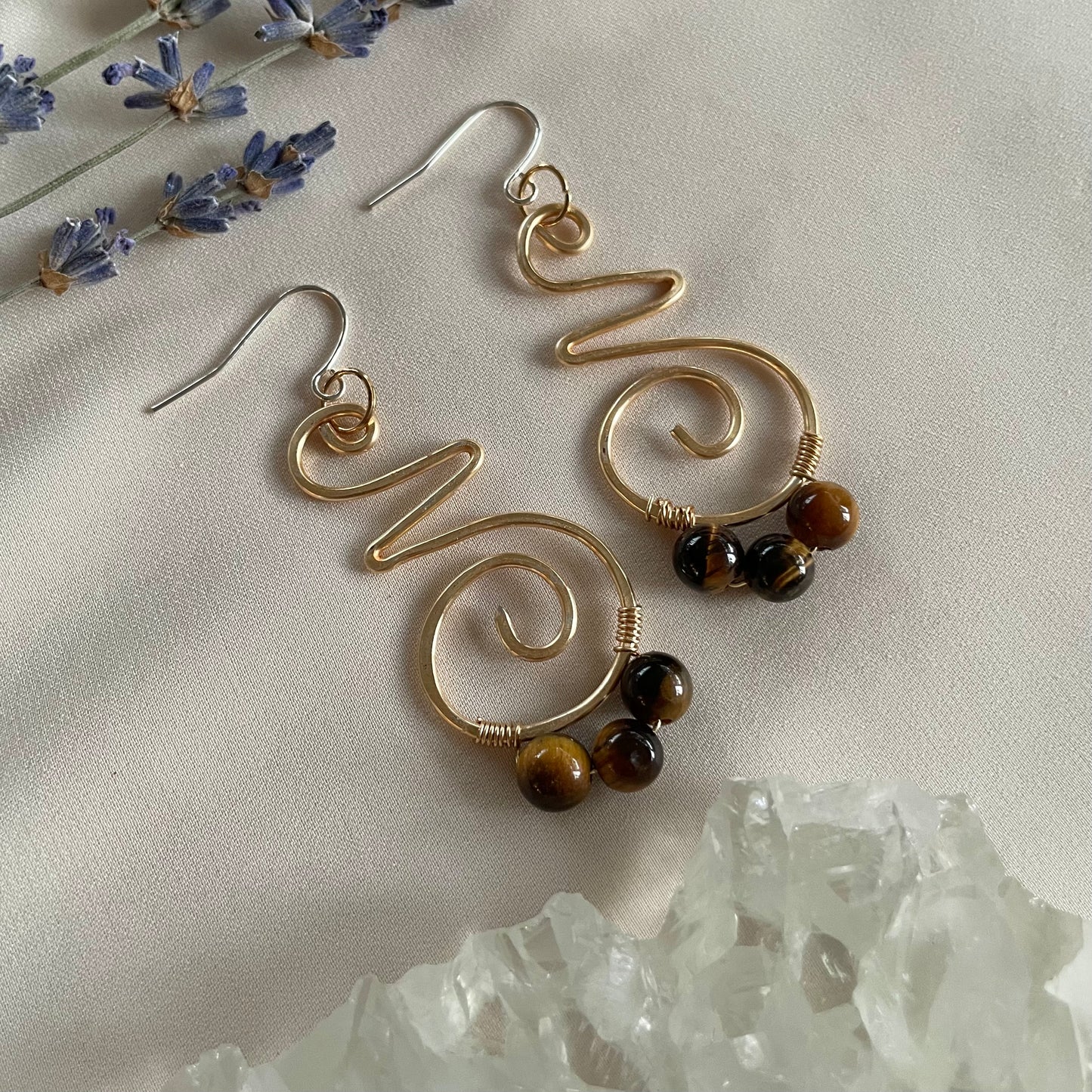 Tigers Eye Unalome Brass Earrings