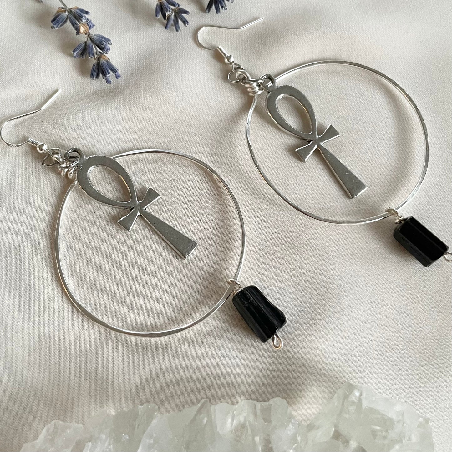 Black Tourmaline Silver Ankh Hoops