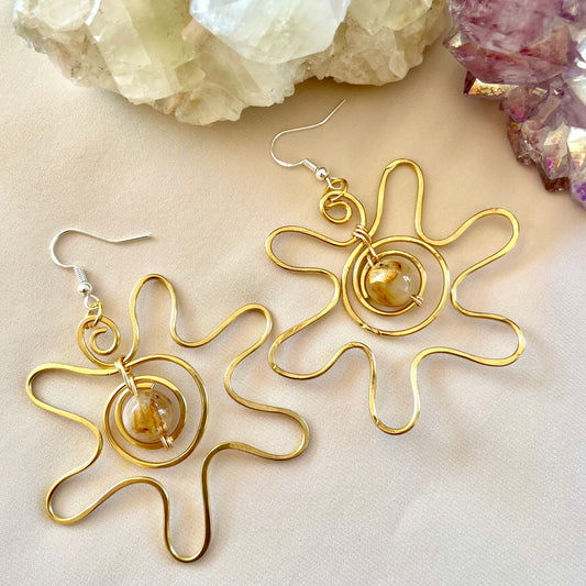 Golden Rutilated Quartz Brass Sun Earrings