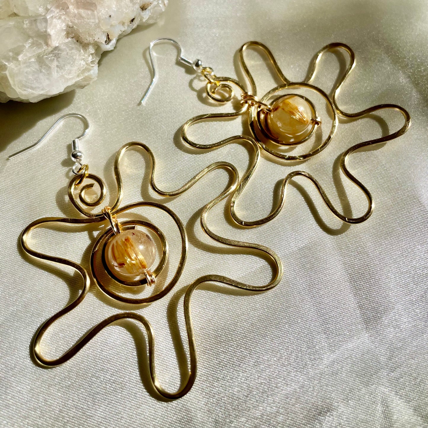 Golden Rutilated Quartz Brass Sun Earrings