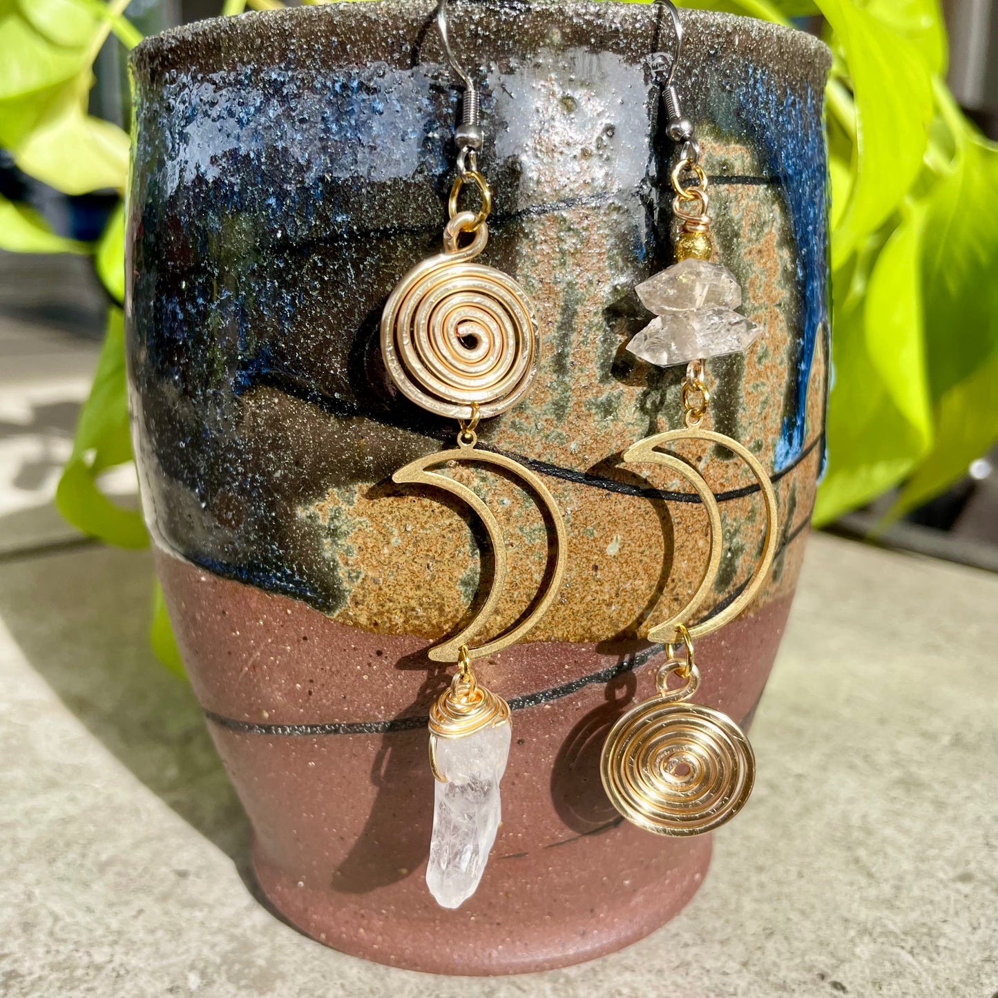 Herkimer Diamond x Clear Quartz Abstract Earringsi