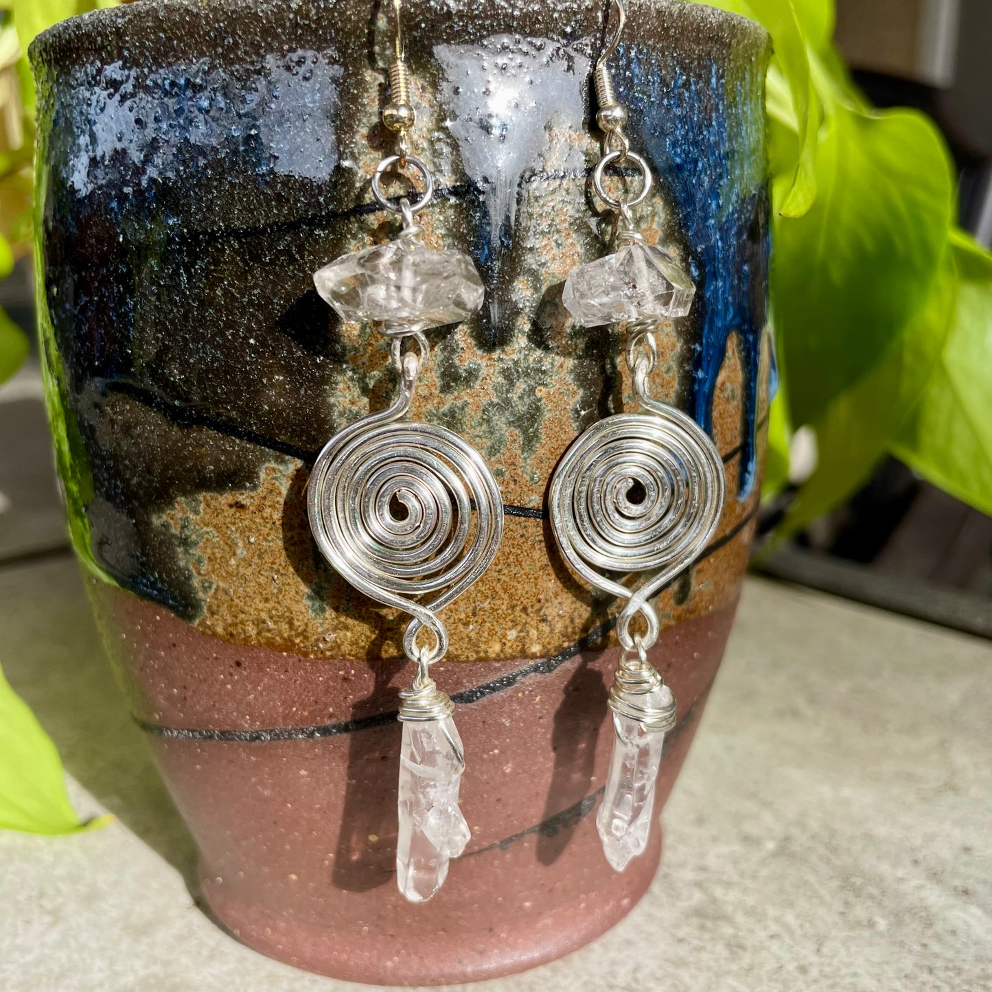 Herkimer Diamond Clear Quartz Spiral Earrings