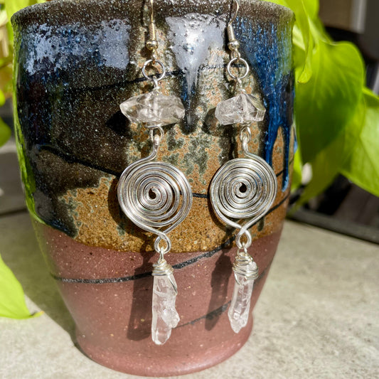 Herkimer Diamond Clear Quartz Spiral Earrings