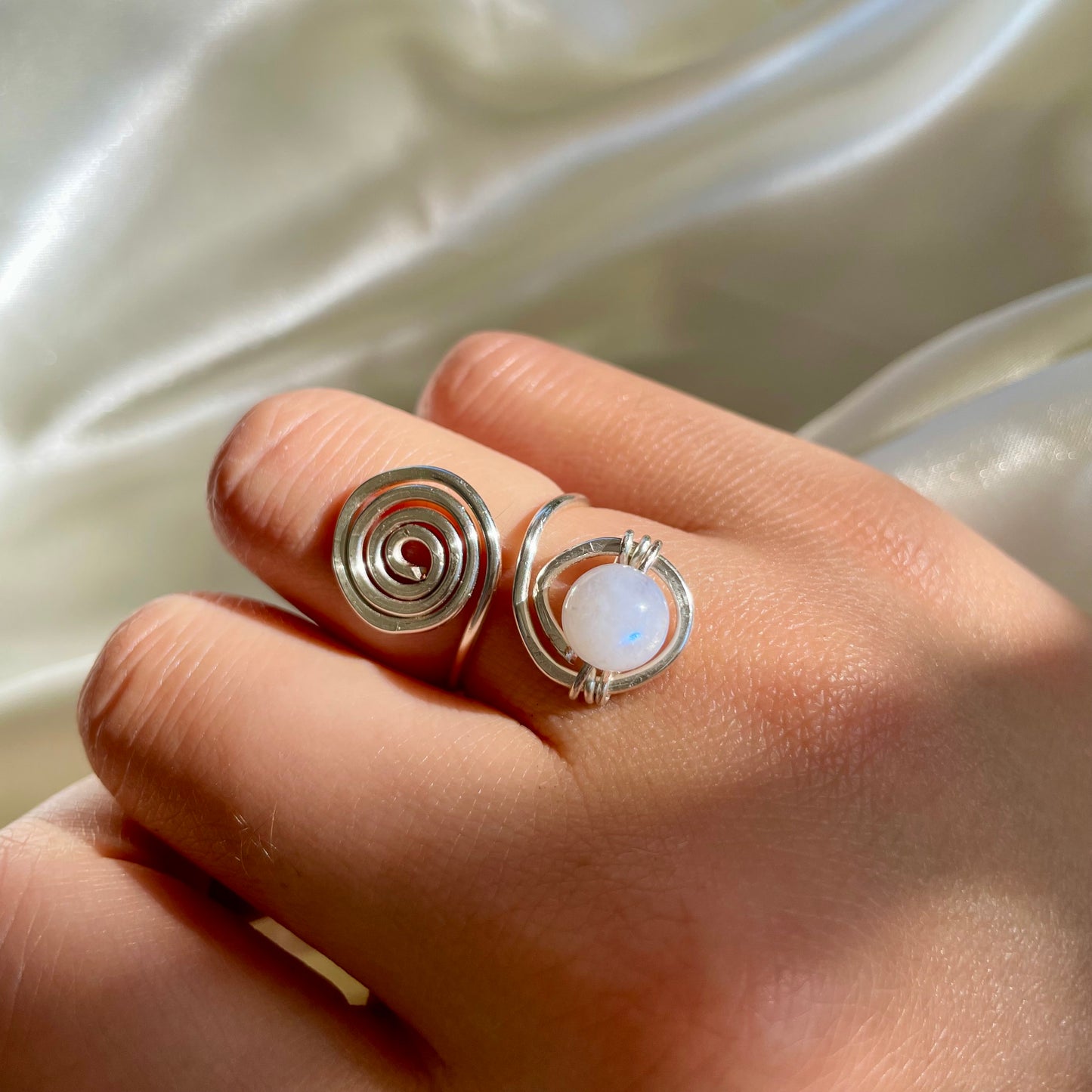 Moonstone Spiral Silver Adjustable Ring
