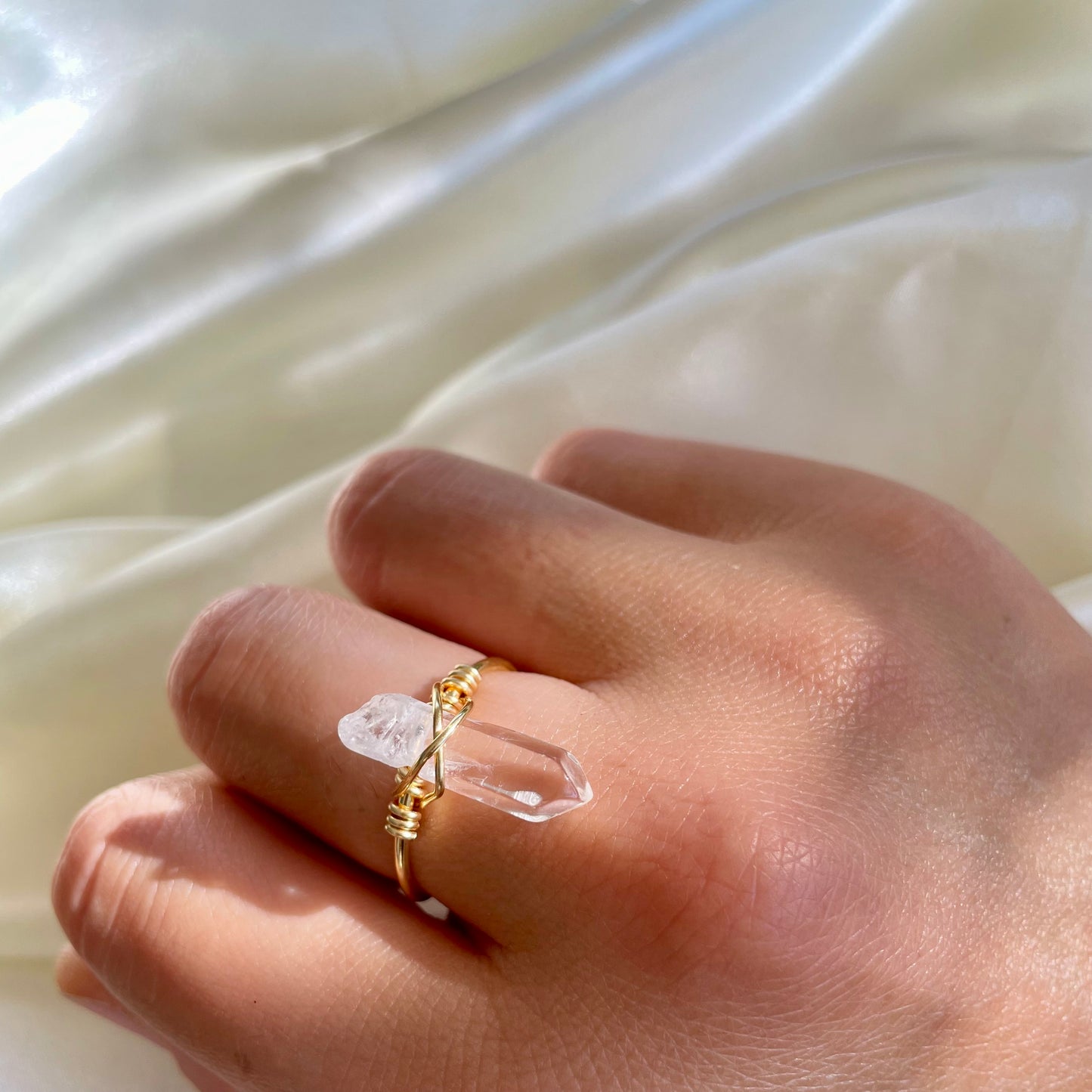Clear Quartz Brass Adjustable Ring
