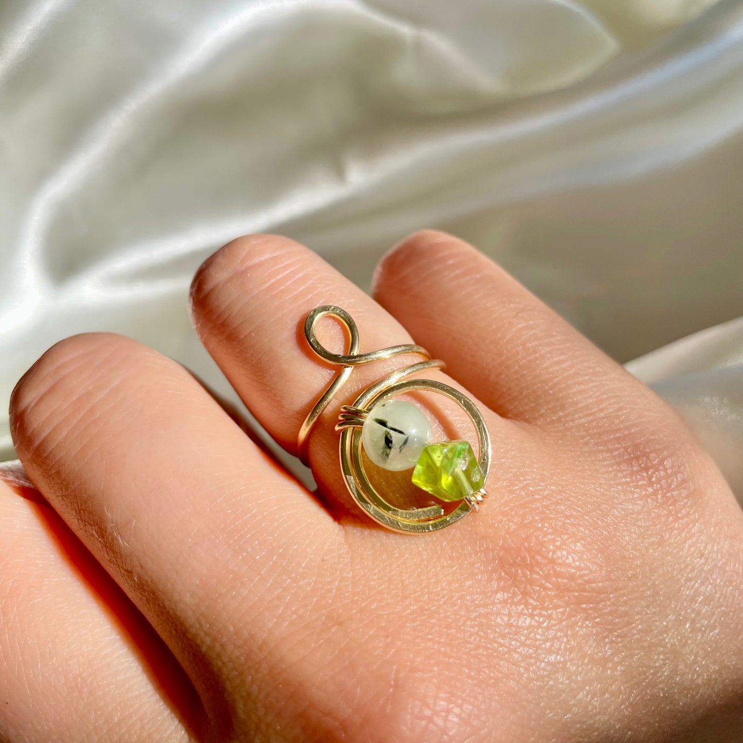 Peridot x Prehnite Brass Adjustable Ring