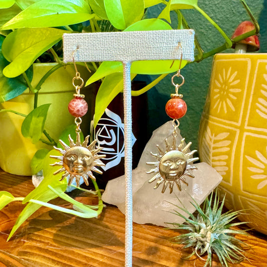 Fire Agate Brass Sun Earrings