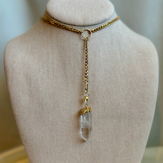 Clear Quartz Gold Lariat Necklace