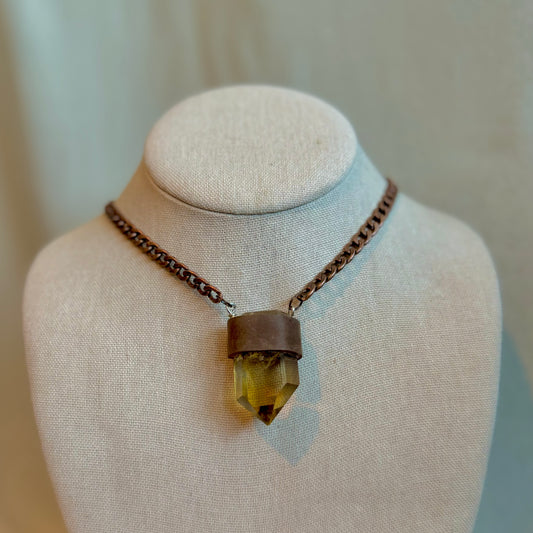 Citrine Antiqued Copper Leather Necklace