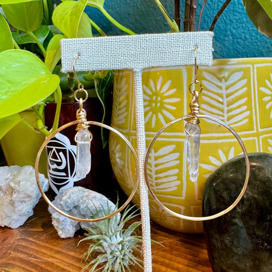 Clear Quartz Brass Hoops