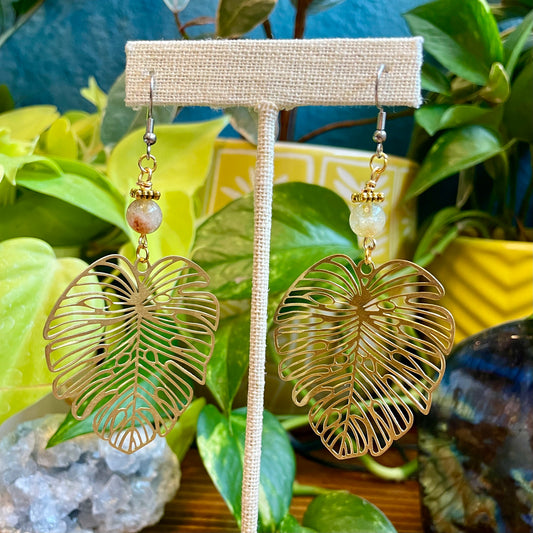 Citrine Monstera Brass Earrings