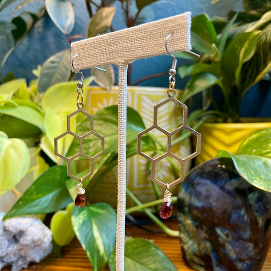 Garnet Honeycomb Brass Earrings