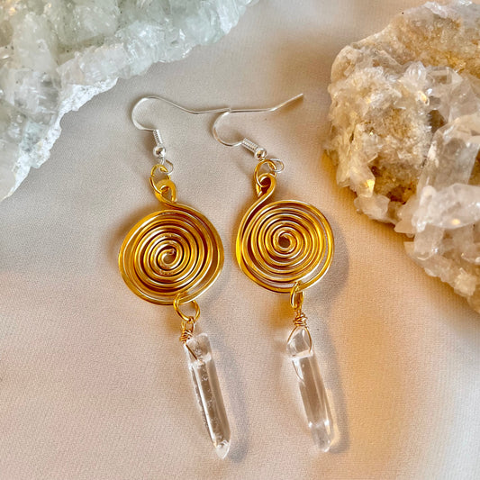 Clear Quartz Spiral Brass Earrings