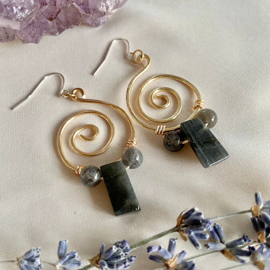 Labradorite Spiral Brass Earrings