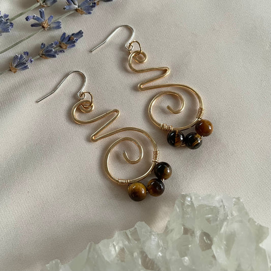 Tigers Eye Unalome Brass Earrings