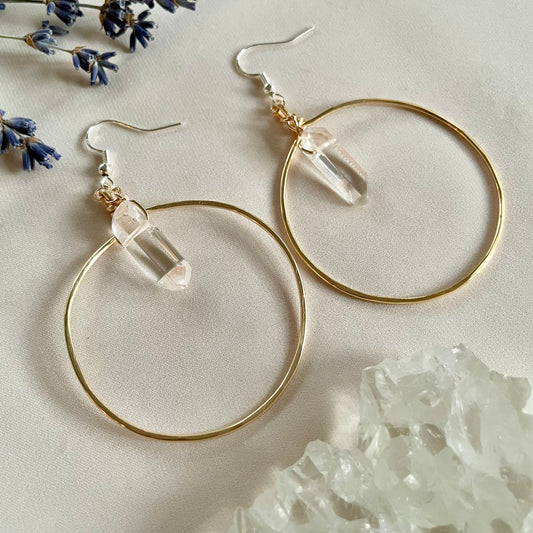 Clear Quartz Brass Hoops