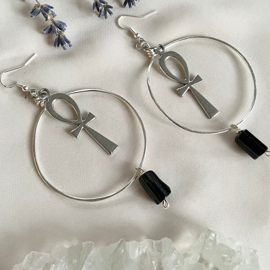 Black Tourmaline Silver Ankh Hoops