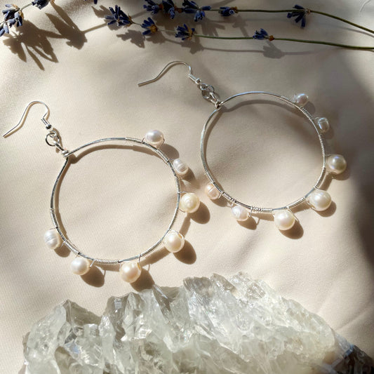 Fresh Water Pearl Silver Hoops